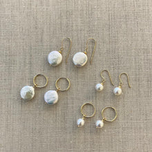 Load image into Gallery viewer, Coin Pearl on gold fill hoops
