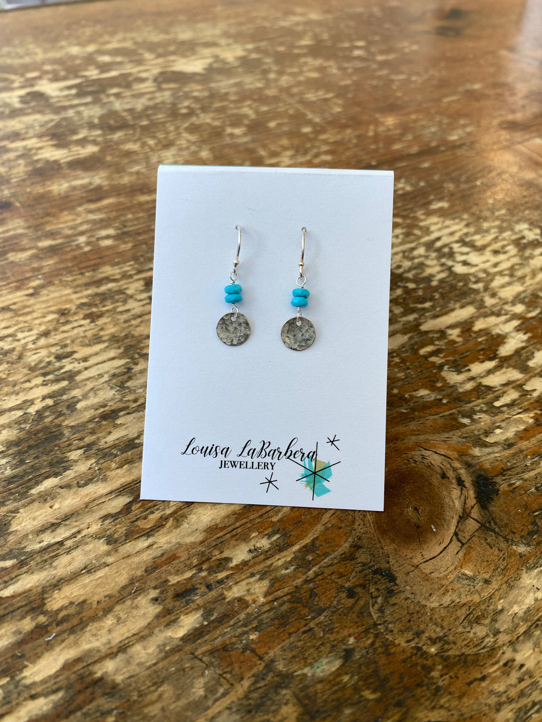 Hammered Disk Earring with Semiprecious Stones - Turquoise