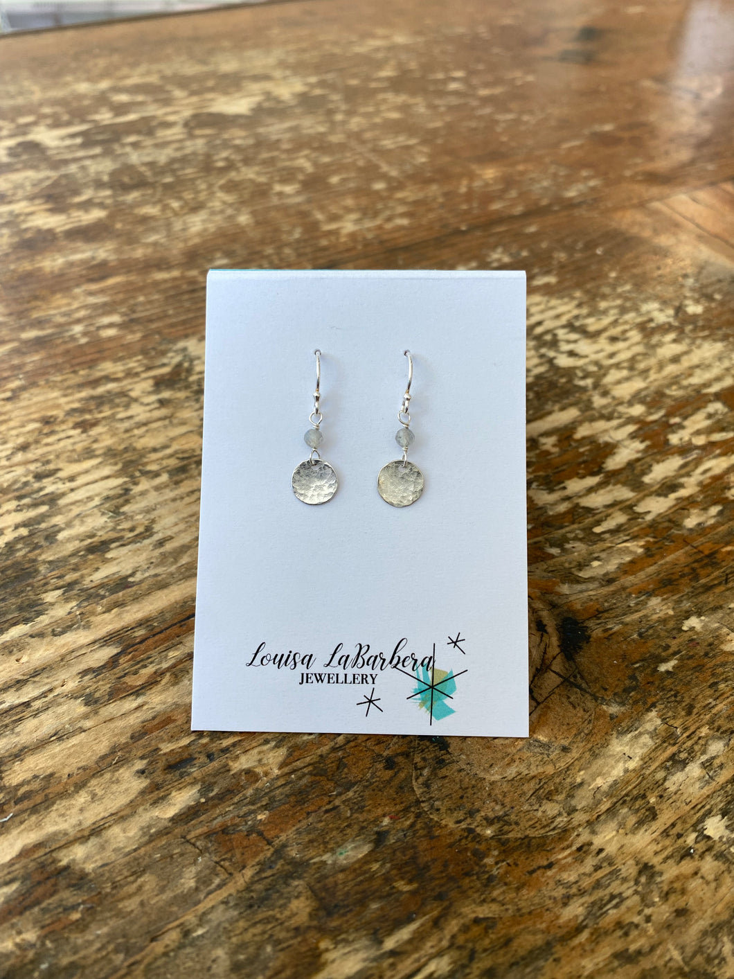 Hammered Disk Earring with Semiprecious Stones - Labradorite